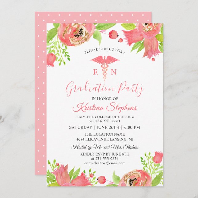 Convite Flores Rosa-Coral Que Enfermam Festas de formatura (Frente/Verso)