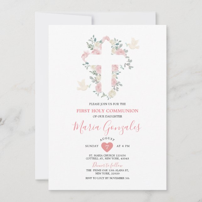 Convite Flores Rosa Cruzadas Primeira Comunhão Sagrada (Frente)