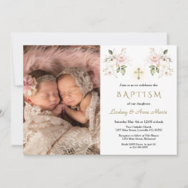 Convite Flores Rosa Cruzam Raparigas Gêmeas Foto Batismo