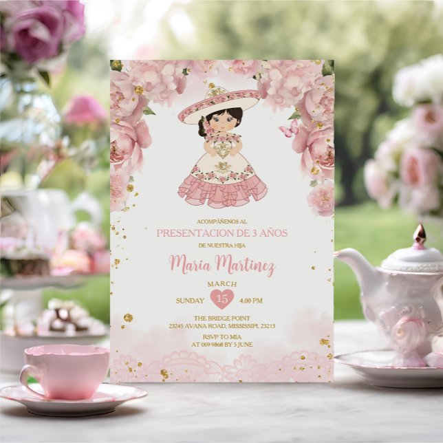 Convite Flores Rosa Cute Niña Apresentação De Tres Años (Criador carregado)