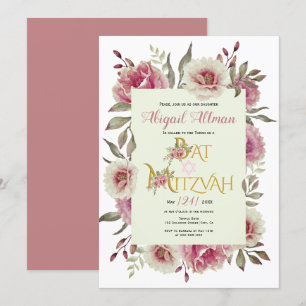 Convite Flores rosa de cor aquosa floral Bat Mitzvah