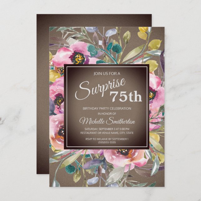 Convite Flores Rosa Deixam Castanho Russo 75º Aniversário (Frente/Verso)