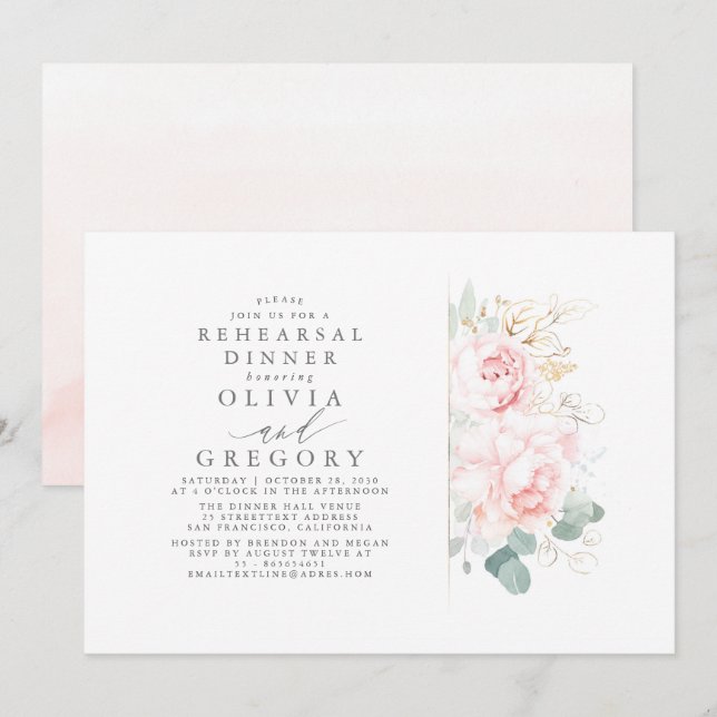 Convite Flores rosa deixam Janto de ensaio elegante com fo (Frente/Verso)