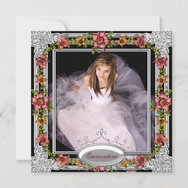 Convite Flores Rosa Dourada Silver Foto Quinceanera (Frente)