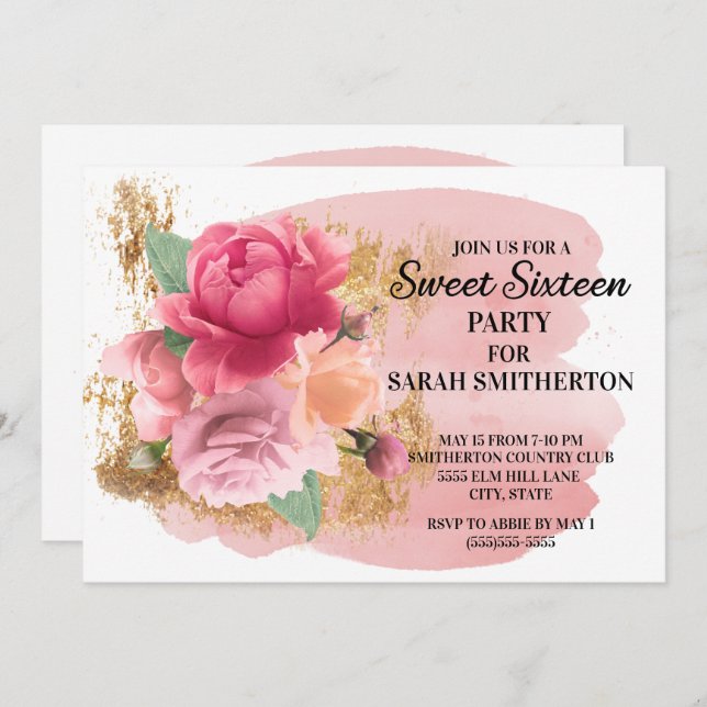 Convite Flores Rosa Douradas Brilhante Doce 16 Festa de an (Frente/Verso)