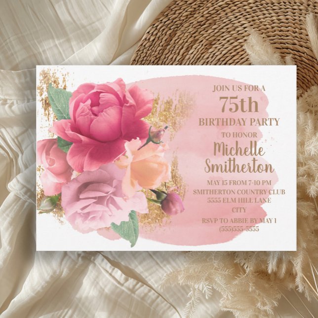 Convite Flores rosa Douradas com brilho na 75ª Festa de an (Elegant pink roses and gold glitter 75th birthday party invitation)