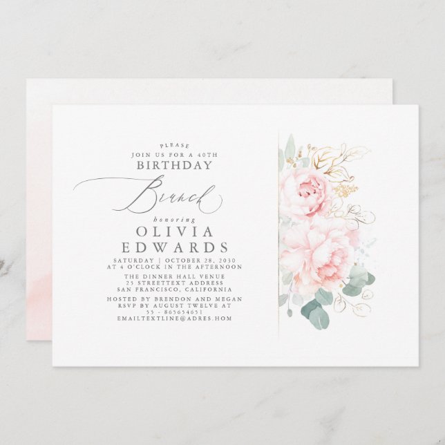Convite Flores Rosa Douradas Folhas Elegantes Birthday Bru (Frente/Verso)