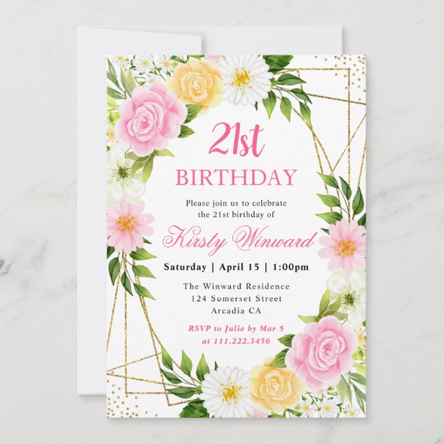 Convite Flores Rosa e Amarela Moldura Dourada Aniversário  (Frente)