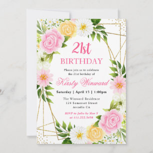 Convite Flores Rosa e Amarela Moldura Dourada Aniversário