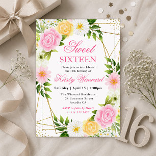 Convite Flores Rosa e Amarela Moldura Dourada Sweet 16