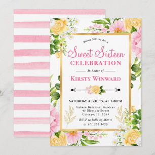Convite Flores Rosa e Amarelo Aquarela Sweet 16