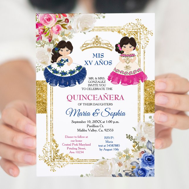 Convite Flores Rosa e Azuis Gêmeas Quinceanera (Criador carregado)