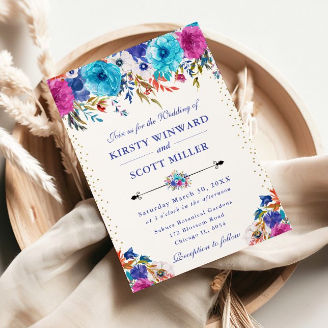 Convite Flores Rosa e Azul em Aquarela Casamento (Criador carregado)