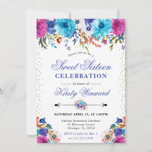 Convite Flores Rosa e Azul em Aquarela Sweet 16