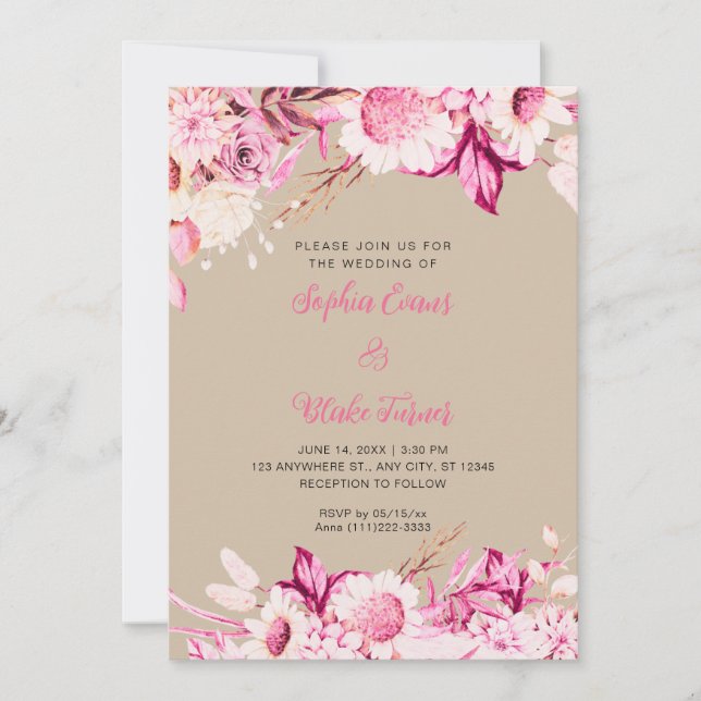 Convite Flores Rosa e Branca Boho Casamento de Baunilha (Frente)
