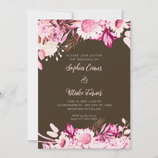 Convite Flores Rosa e Branca Boho Madeira Marrom Casamento (Frente)