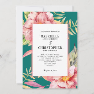 Convite Flores Rosa e Casamento Verde-Teal