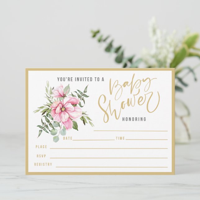 Convite Flores rosa e Chá de fraldas verde (Em pé/Frente)