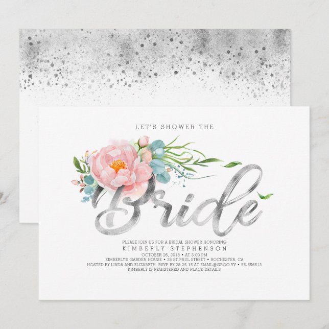 Convite Flores rosa e Chá de panela de folheto prateado (Frente/Verso)