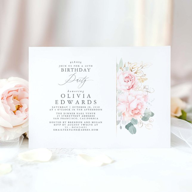 Convite Flores Rosa e Folhas Douradas Elegantes Aniversári (Pink floral birthday invite)