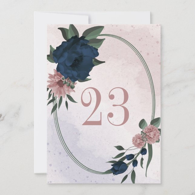 Convite flores rosa e marinhos número geométrico da tabela (Frente)
