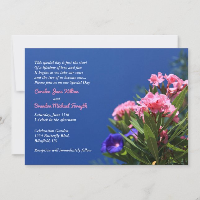 Convite Flores Rosa e Roxo em Casamento Country Azul Escur (Frente)