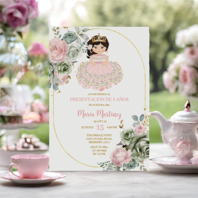 Convite Flores Rosa e Sage Niña Apresentação De Tres Años (Criador carregado)