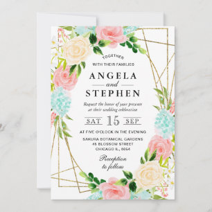 Convite Flores Rosa e Verde Água Moldura Dourada Casamento