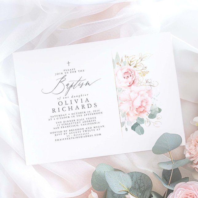 Convite Flores rosa e verde Dourado deixam batismo (Pink Floral Elegant Baptism Invitations)