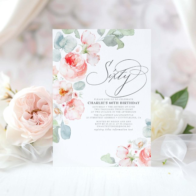 Convite Flores Rosa Elegante Boho Sessenta - Sessenta e Se (60th birthday invitations with pink flowers and eucalyptus greenery)