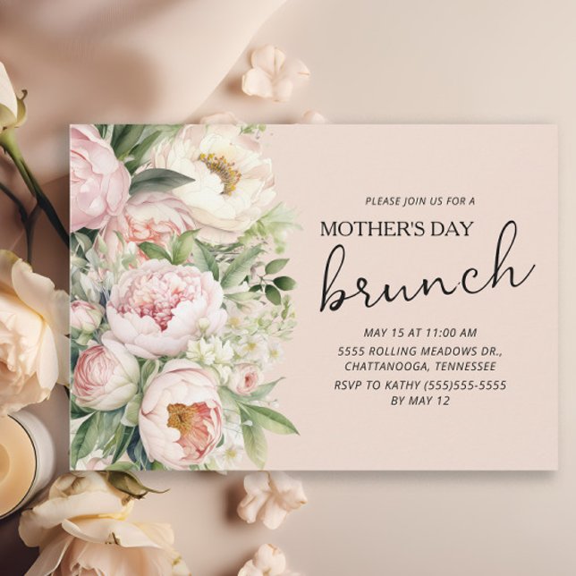 Convite Flores Rosa Elegante Brunch do Dia das Mães (Pink peonies Mother's Day Brunch invitation)
