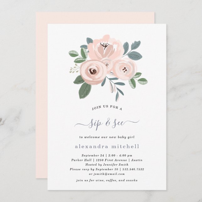 Convite Flores rosa embebidas elegantes| Baby Sip and See (Frente/Verso)