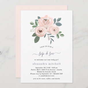 Convite Flores rosa embebidas elegantes  Baby Sip and See