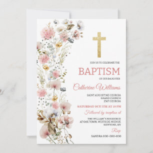 Convite Flores Rosa Empoeiradas Batismo de Meninas Elegant
