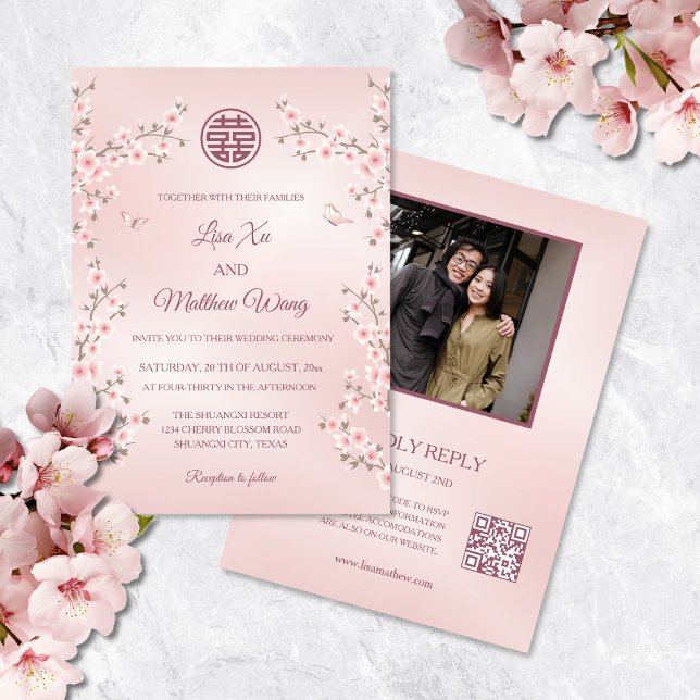 Convite Flores Rosa Empoeirado | Código QR de Foto Casamen (Criador carregado)