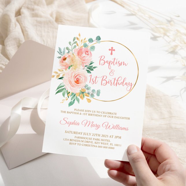 Convite Flores Rosa Esmagadas Batismo e Primeiro Aniversár (Criador carregado)