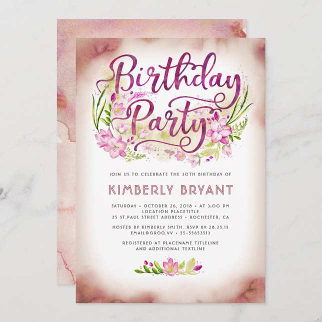 Convite Flores rosa Festa de aniversário Floral Elegante d (Frente/Verso)