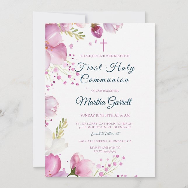 Convite Flores Rosa Filha Floral Primeira Comunhão Santa (Frente)