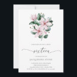 Convite Flores Rosa-Flores Magnólia Flores Doce Dezesseis<br><div class="desc">Dezesseis convites florais elegantes, com um buquê de flores cor-de-água pintadas de magnólia rosa e folhas de eucalipto, juntamente com "Dezesseis", em um roteiro delicado. A parte de trás é uma sombra coordenadora de rosa. Um adorável convite para 16 doces que é excelente para uma festa de primavera ou verão....</div>