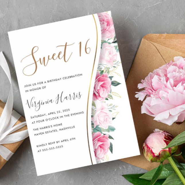 Convite Flores Rosa Folhagem Doce Dezesseis 16 Aniversário (Criador carregado)