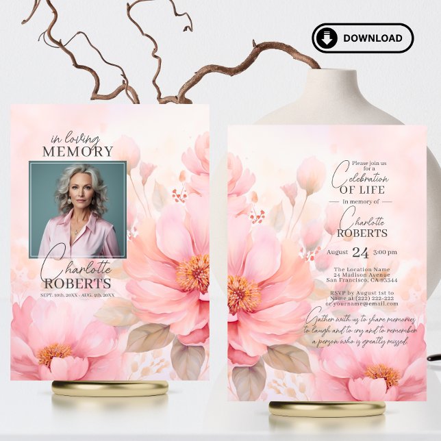 Convite Flores Rosa Fumam Celebração da Vida | FOTO (Pink Roses Flowers Celebration of Life  PHOTO Invitation | Feminine, Woman | Digital Downloadable)