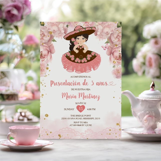 Convite Flores Rosa, Garota Marrom Apresentação De Tres Añ (Criador carregado)