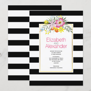 Convite Flores rosa, listras brancas pretas, casamento flo