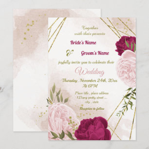 Convite flores rosa magenta folhas verdes casamento