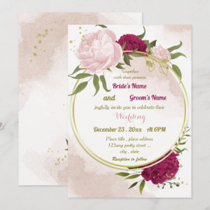 Convite flores rosa magenta folhas verdes casamento