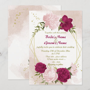 Convite flores rosa magenta folhas verdes casamento