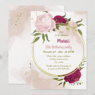 Convite flores rosa magenta verde folhas aniversário