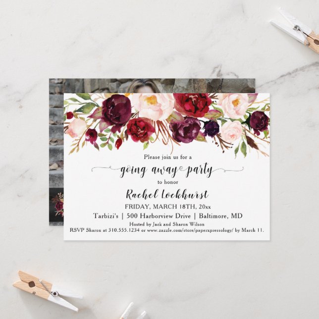 Convite Flores Rosa Marsala Saindo de Despedida (Frente/Verso In Situ)