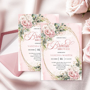 Convite Flores Rosa Moderno em Pó Dourado Chá de Noiva