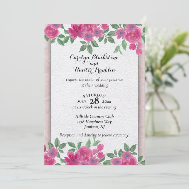 Convite Flores Rosa no Casamento Branco e Rosa (Em pé/Frente)